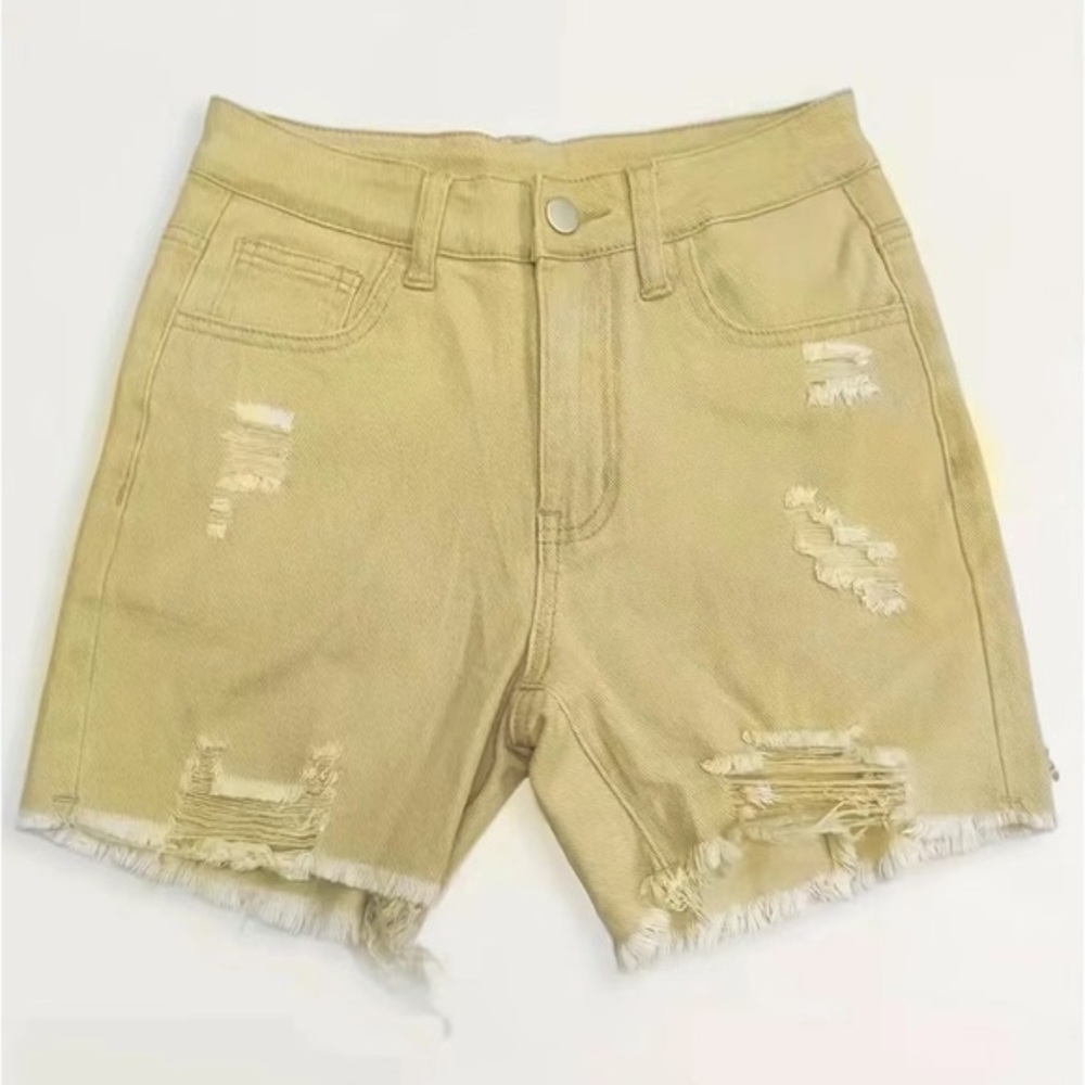 NWOT Women’s Raw Hem Ripped Wheat Shorts (Distressed Slashed Denim Style Small)